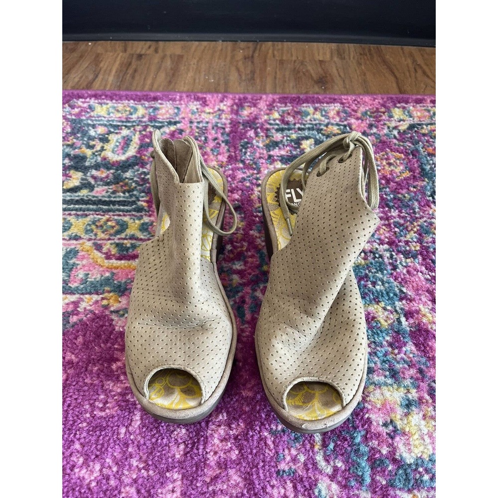 Fly London Metallic Gold Brown Perforated Wedge Sandals Lace Up 36 5.5-6
